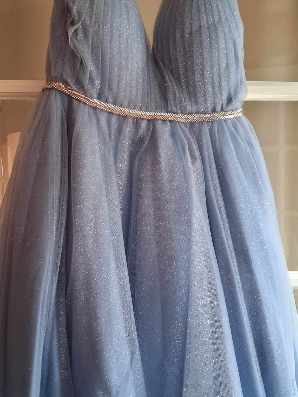 Sparkling Dusty Blue Prom Gown with Metallic Waist Detail